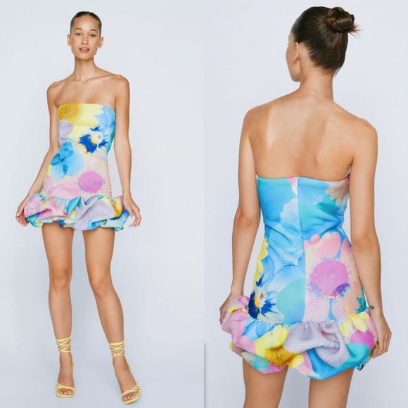 Nasty Gal Petite Bold Floral Print Strapless Bubble Hem Mini Dress Size 4 - Picture 1 of 9